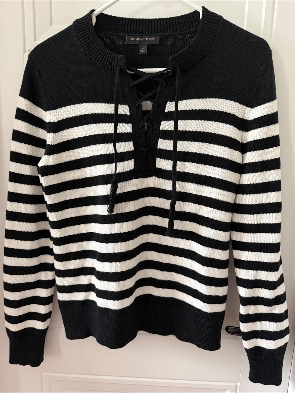 Banana Republic Black & White Striped Lace-Up Sweater